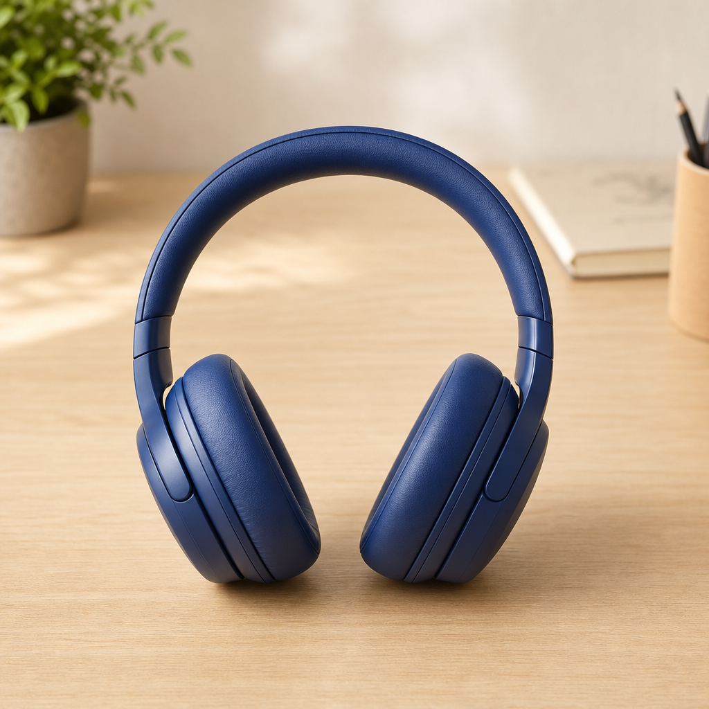 Blue headphones on a tidy desk with a softly blurred plant, sketchbook, and pencil cup before the background is removed.