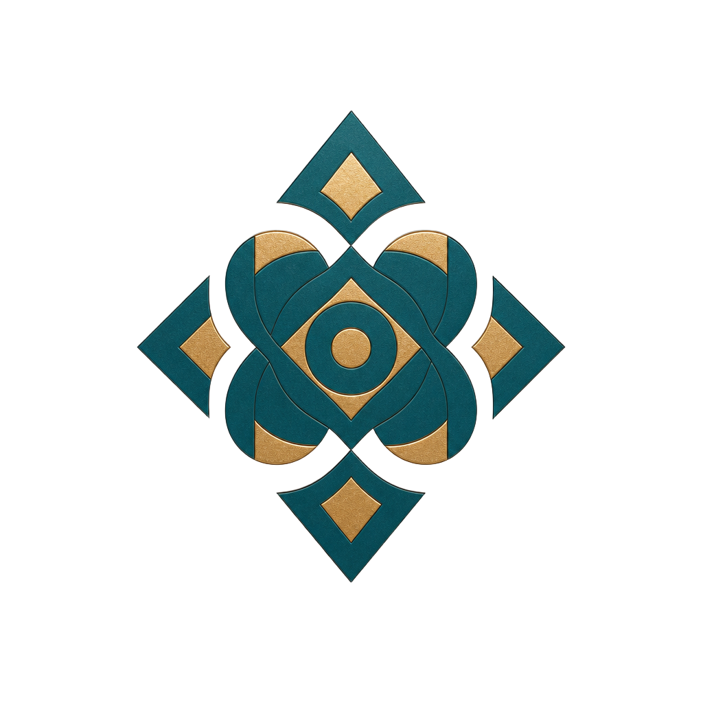 Abstract teal and gold geometric symbol isolated as a transparent PNG.