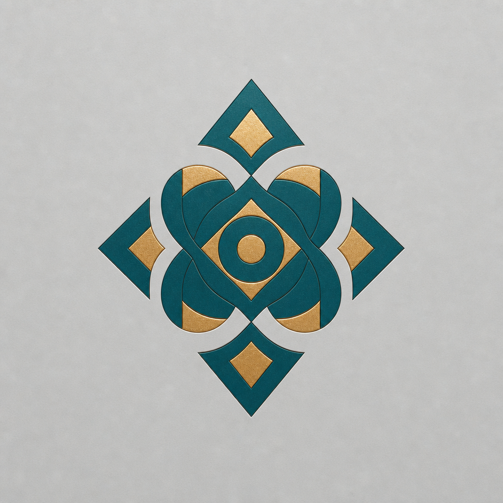 Abstract teal and gold geometric symbol on a gray card.