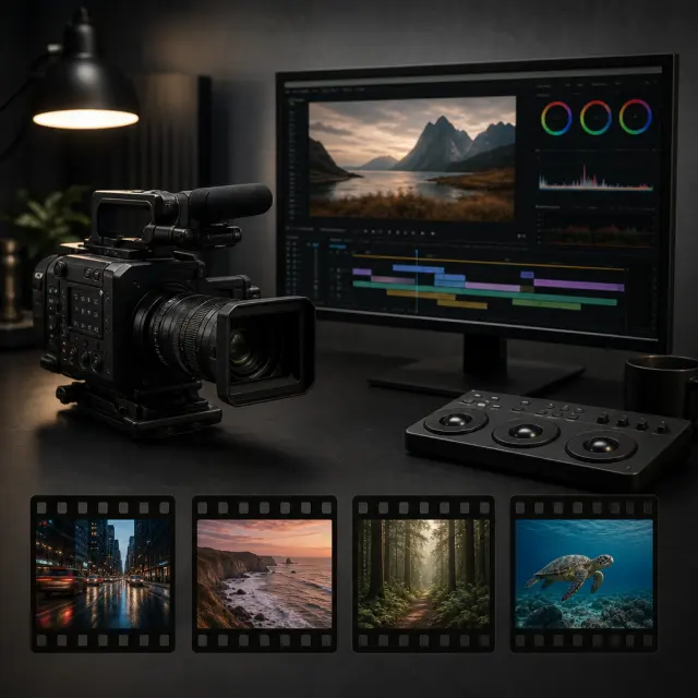 Video camera, editing monitor, and generic film-strip thumbnails on a studio desk.