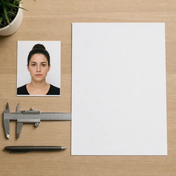 Passport-style portrait beside a blank requirement sheet and measuring tool.