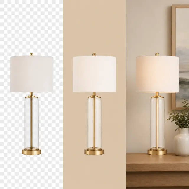 One product compared as a transparent cutout, on a color, and in a replacement scene.