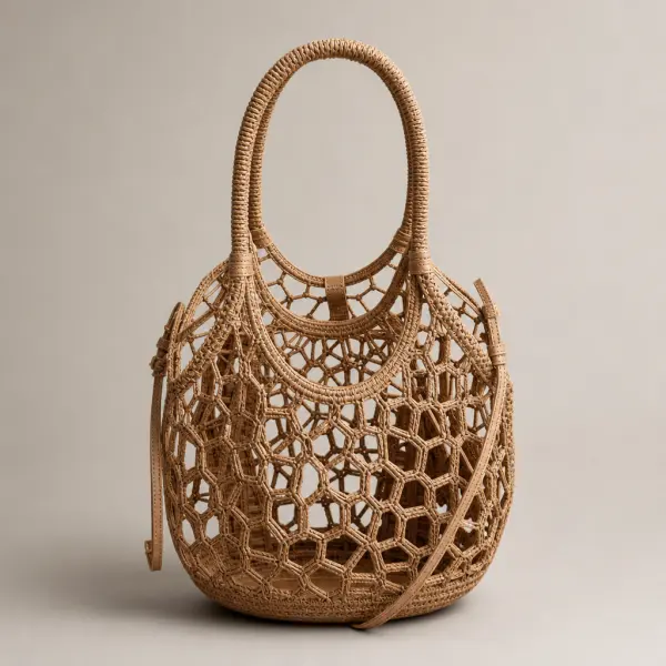 Woven handbag with handles, mesh detail, and clearly visible interior openings.
