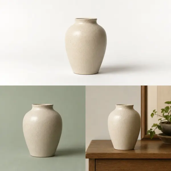 The same product shown on white, a solid color, and a simple replacement scene.