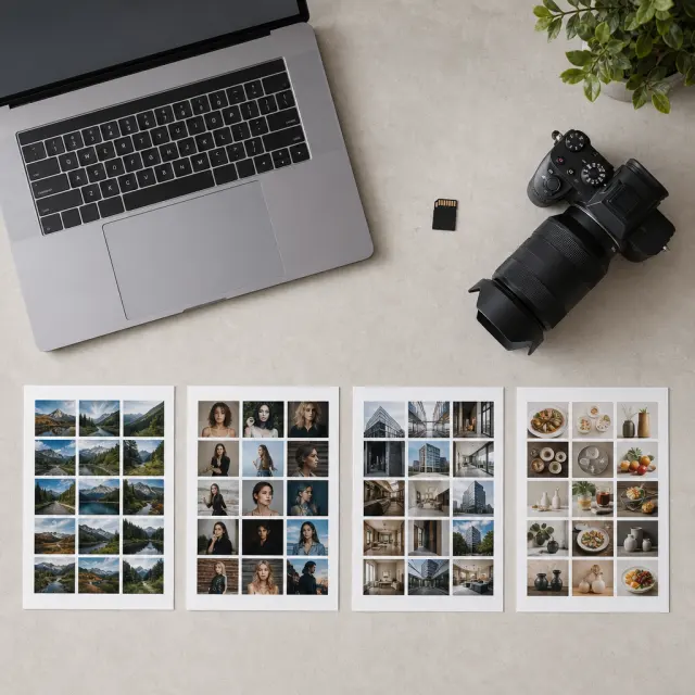 Camera media and generic image thumbnails arranged on a neutral editing desk.