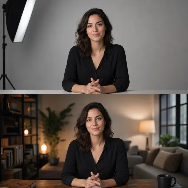 The same video subject compared in an original studio and a replacement interior scene.