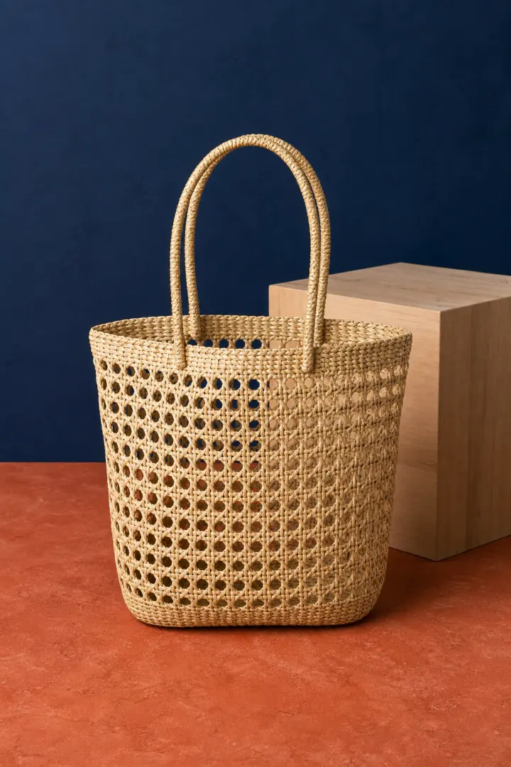 Woven straw tote bag with visible lattice openings in a studio scene before background removal.