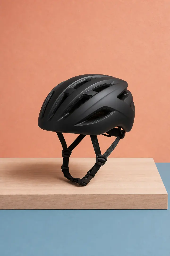 Matte black bicycle helmet with thin straps in a styled studio before background removal.
