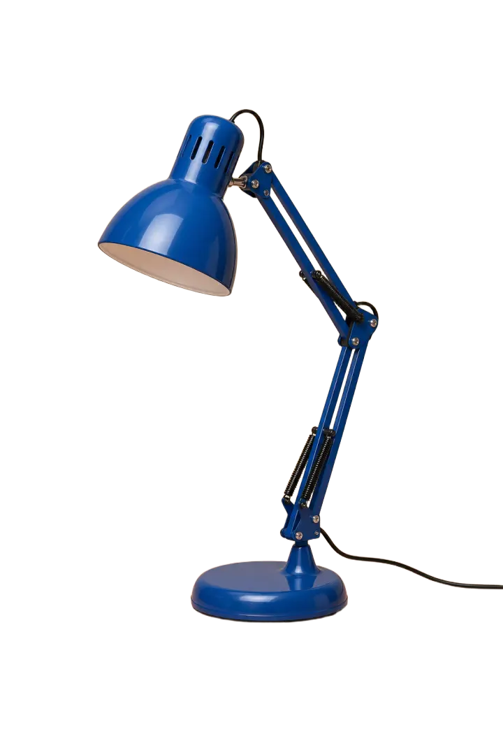 Cobalt-blue desk lamp isolated on white with its contact area and surrounding space visible.