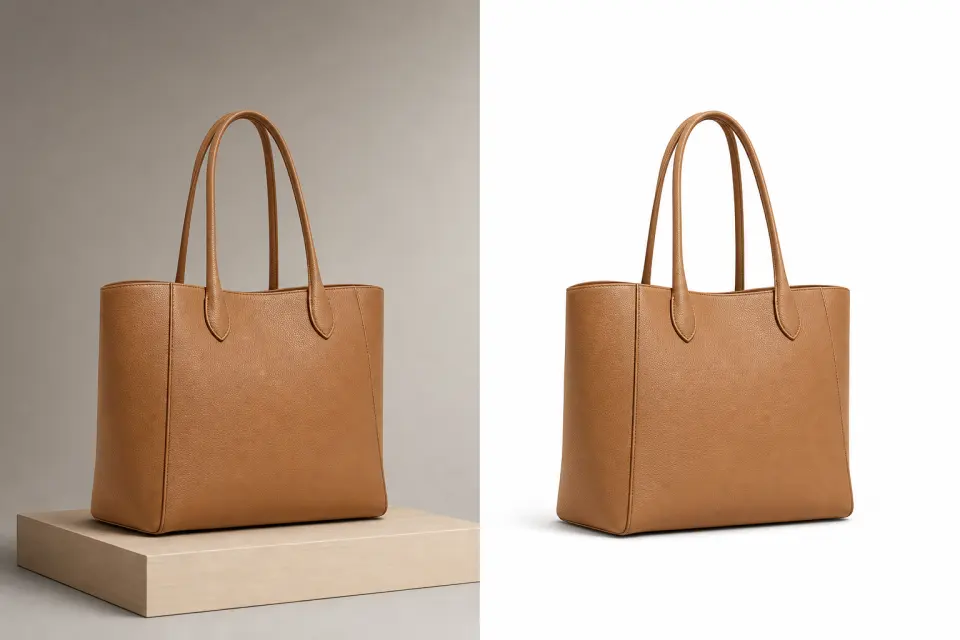 Tan leather tote bag shown in a split view of a warm-gray studio scene and a clean white catalog background.