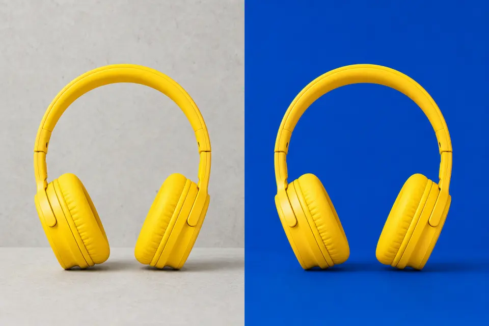 Studio headphones shown in a split view of the original scene and a clean white background for a design workflow.