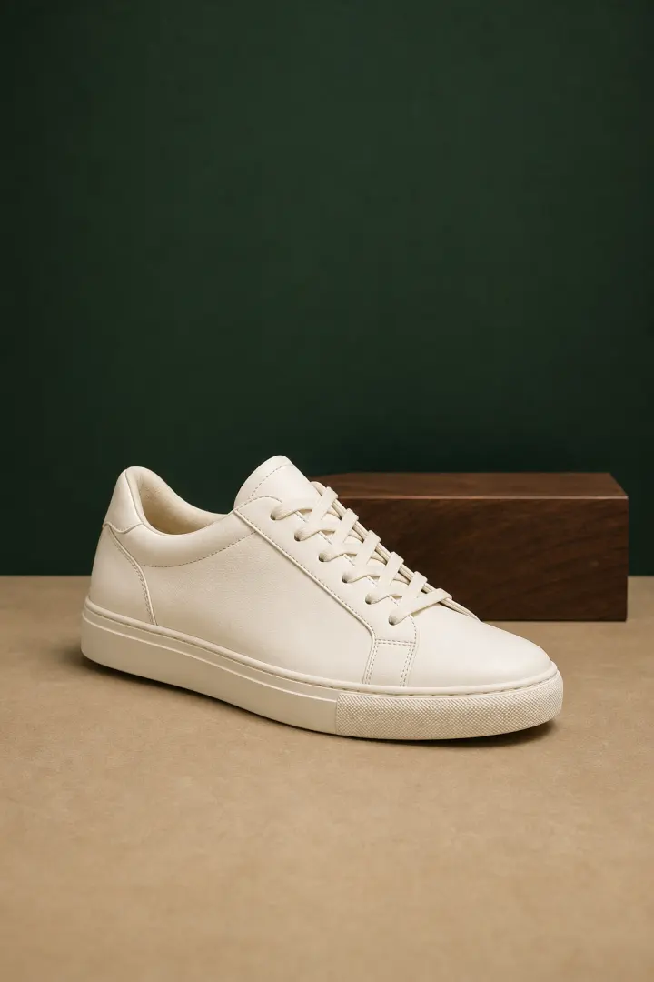 Ivory-white sneaker on a green studio background before background removal.
