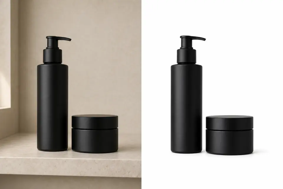 Skincare products shown in a split view of a retail scene and a clean white e-commerce listing background.