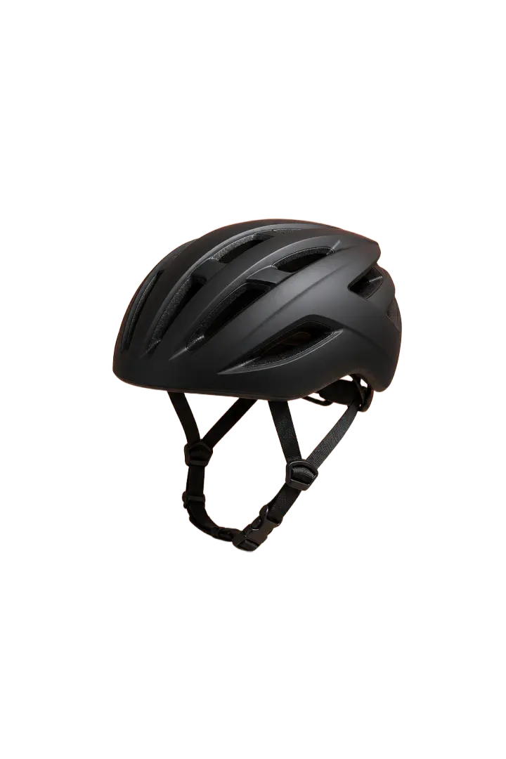 Matte black bicycle helmet with thin straps isolated on a white background.