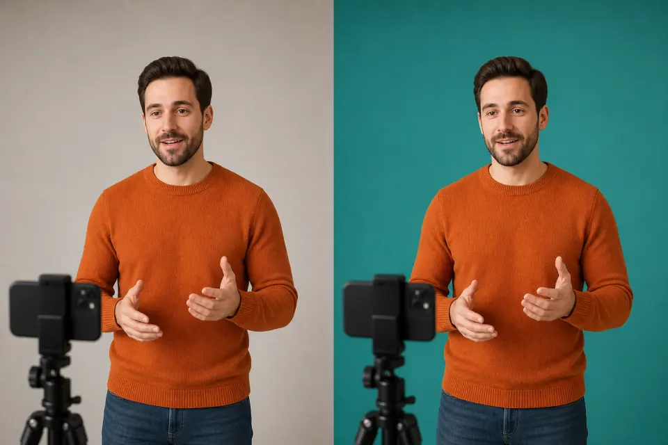 Video presenter shown in a split view of a studio setting and a clean white background treatment.