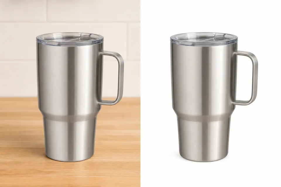 Stainless-steel travel mug in a split view of a kitchen counter and a clean white listing background.