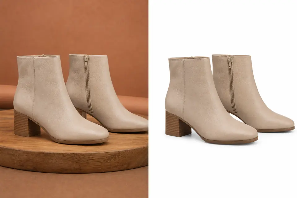 Leather boots shown in a split view of the original studio scene and a clean white product listing background.