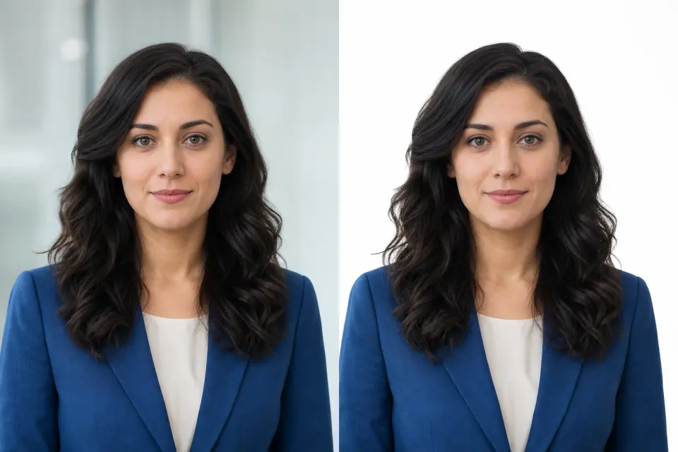 Professional portrait shown in a split view of an office setting and a clean white background.